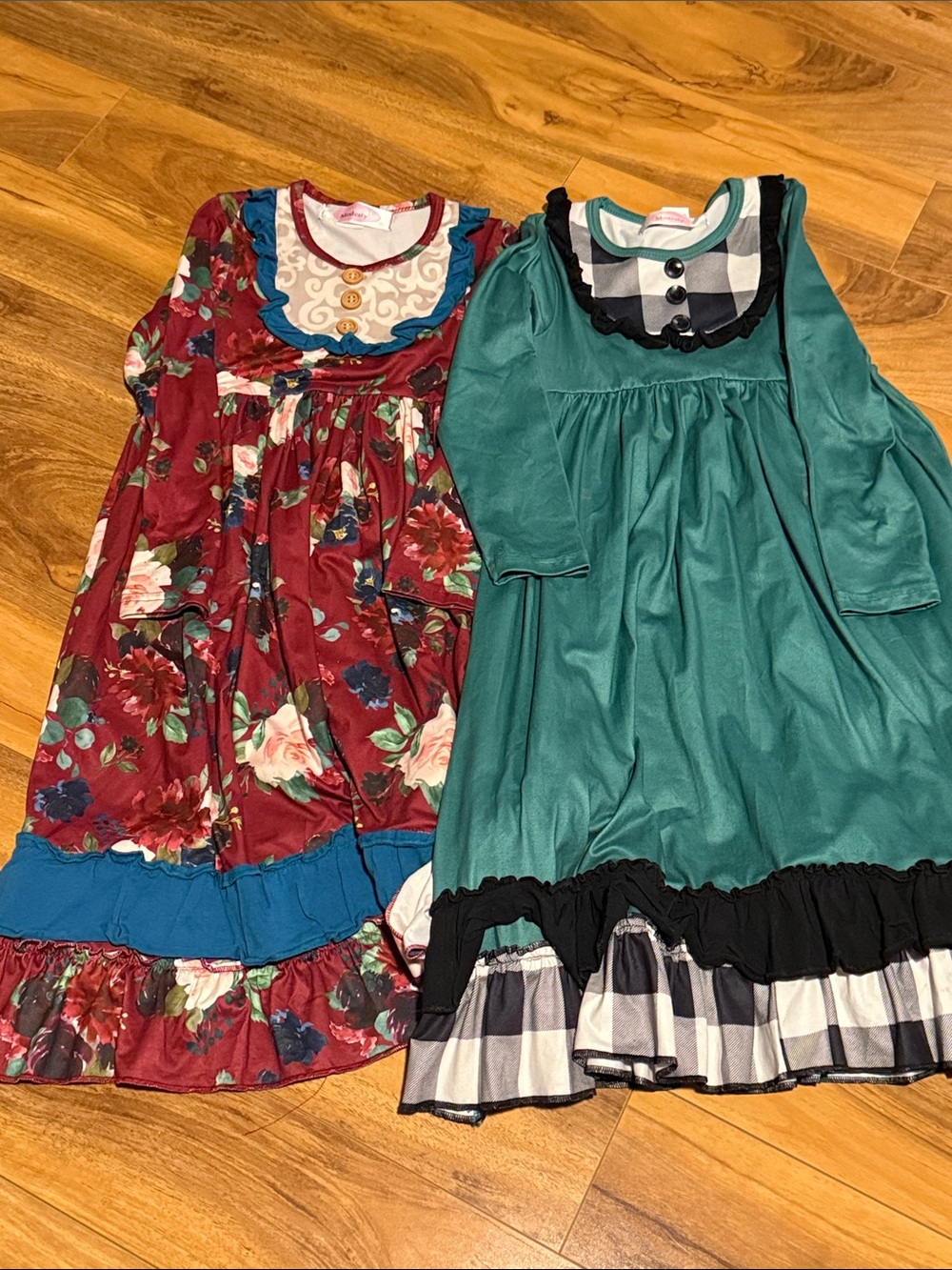 Girls' Teal Long Sleeve Holiday Dress with Black Trim